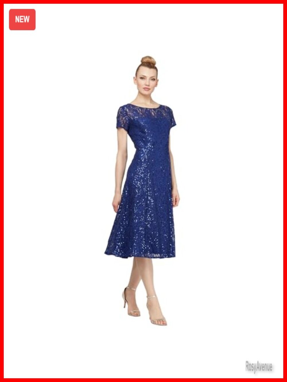 S.L. Fashions Sequined Lace Midi Dress Cap Sleeve Keyhole Back Formal